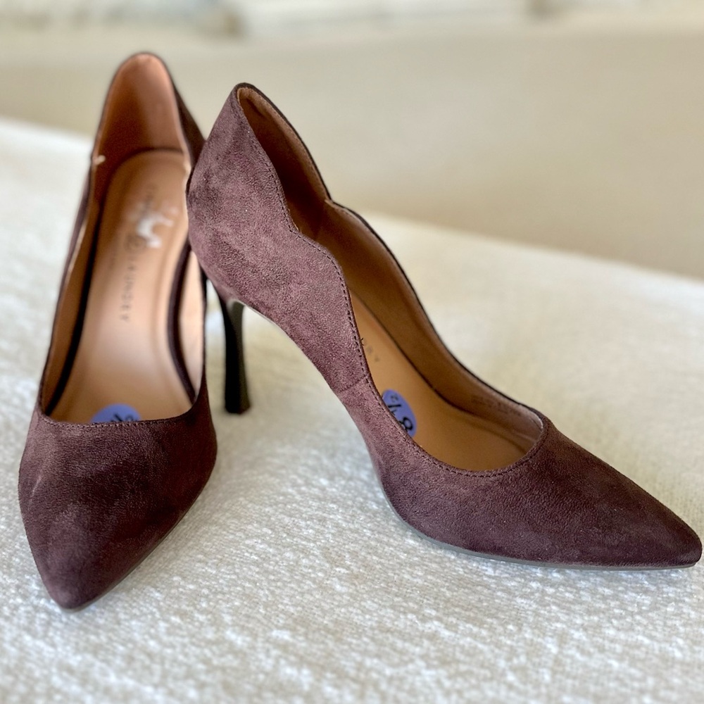 Chinese Laundry Pointed Toe Pump Heels Stiletto Scalloped Glam Brown Suede 8.5